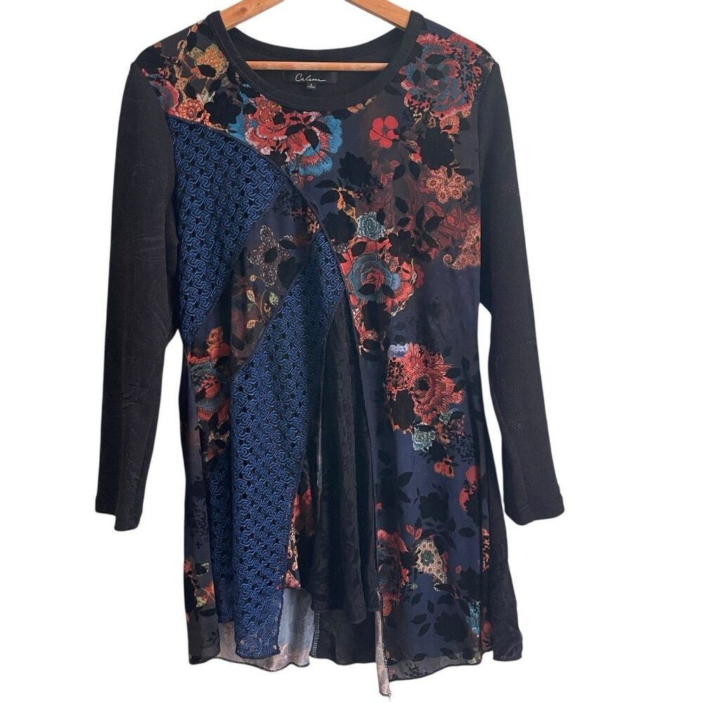 Calessa Womens Whimsigoth Fairy Grunge Tunic Top Size L Velvet Burnout Floral